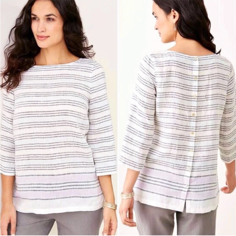 J.Jill Love Linen Striped Top Size 2X Oversized Back Buttons EUC
